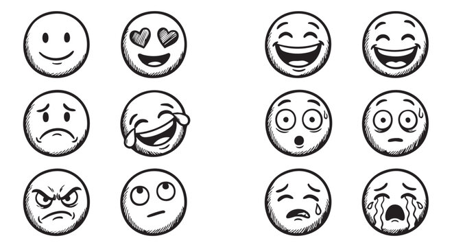 Emotional Faces Vector Illustration &mdash; Black and White Set of Twelve Expressive Cartoon Icons for Communication and Design