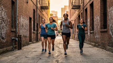 Obraz premium Women running in athletic gear through an urban alley at sunset, energetic fitness lifestyle, female runners in motion, city training session, teamwork and endurance concept, warm evening light,