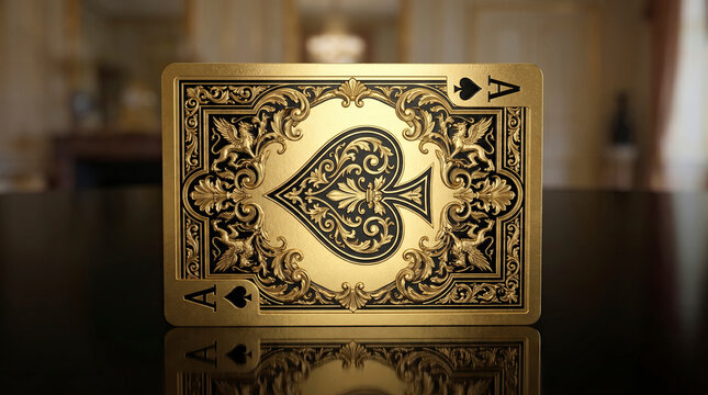 Ornate golden ace of spades playing card with intricate baroque filigree and griffin designs standing upright on a dark reflective surface in a luxury interior
