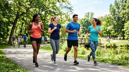 Fototapeta premium Happy friends exercising in the park, active lifestyle and social fitness concept with jogging, smiles and healthy outdoor energy for wellness and community branding themes, bright daylight, realistic