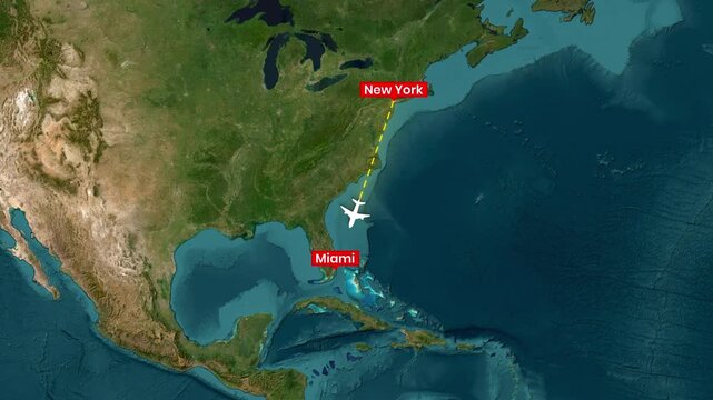 Animated airplane flying route from New York to Miami on a world map
