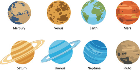 Set of solar system planets including Mercury, Venus, Earth, Mars, Saturn, Uranus, Neptune, and Pluto © Afsana