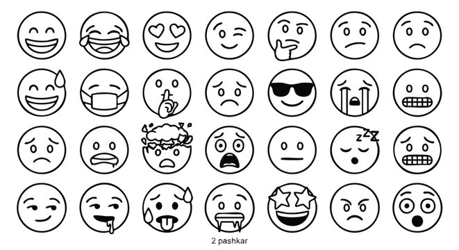 Emoji Faces Vector Illustration &mdash; Black and White Set of Twenty-Five Expressive Cartoon Emotions for Communication and Design