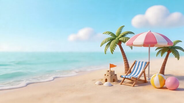 Beach scene with chair umbrella and sandcastle