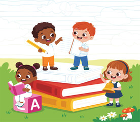 Diverse group of cute children sitting on giant books and learning together in green park