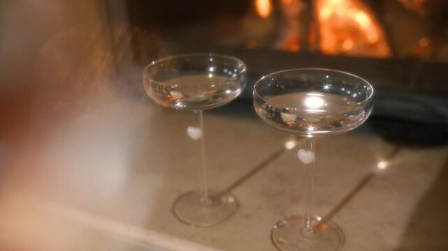 A loving couple on a date drinking an alcoholic cocktail near a fireplace. A man and a woman are having a romantic dinner. A close-up of a glass goblet of champagne. Sparkling wine with reflections