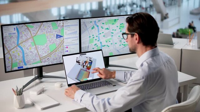 HVAC Engineer Using Laptop Designs Sustainable Heat Pump System
