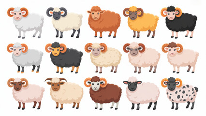 Fototapeta premium Colorful Sheep & Ram Cartoon Set – Cute Farm Animal Breeds Collection