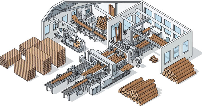 Isometric sawmill lumber processing factory vector illustration featuring industrial machinery conveyor belts logs and stacked wood planks for timber production industry