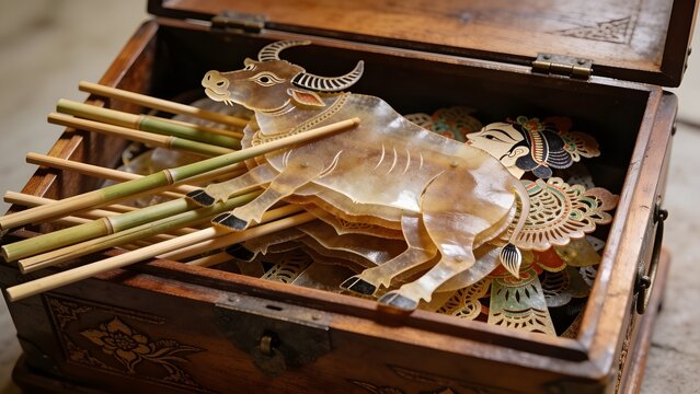 Wayang Kulit Shadow Puppets Stored in Traditional Wooden Chest Buffalo Hide Bamboo Sticks