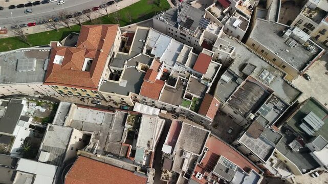 Aerial top view of Bari old town with narrow streets and terracotta roofs