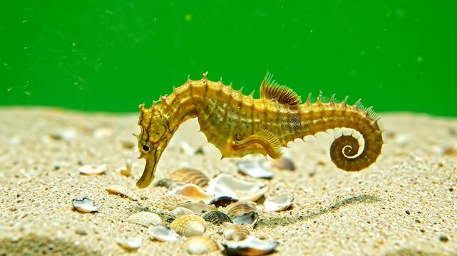 A Close Up of a Seahorse Swimming Near Shells on Sandy Ocean Floor in Vivid Green Water Background