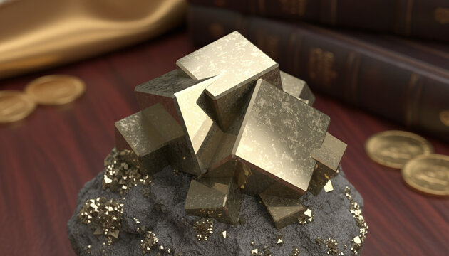 Raw Navajun Pyrite mineral texture with perfect intersecting golden cubes