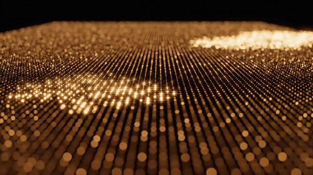 Abstract golden glowing dots forming undulating digital surface pattern