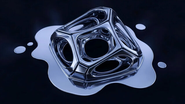 Melting metallic cube in dark dramatic lighting for futuristic technology