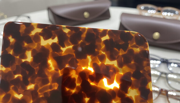 Polished Havana tortoiseshell acetate texture with backlit amber and brown pattern