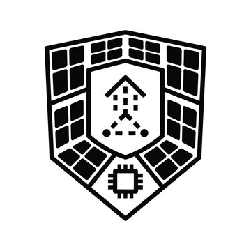 A black and white logo featuring a shield with a house and microchip