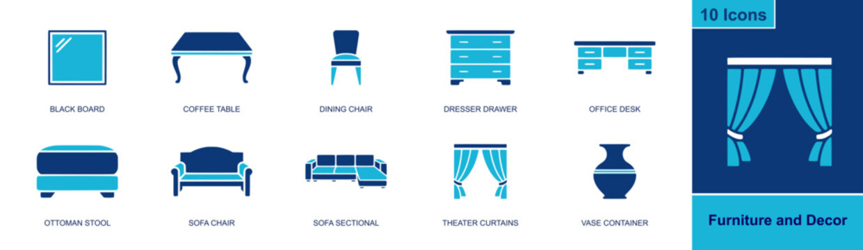 Furniture and decor icon set. Containing black board, coffee table, dining chair, dresser, office desk, ottoman, sofa chair, theater curtains, vase and more. Solid fill vector icons.