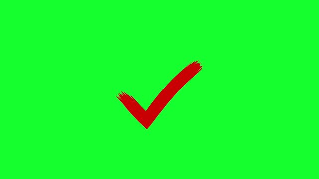 Hand drawn brush stroke red tick mark or check mark reveal animation on green background. Symbol of approval, success and confirmation. Ideal for presentations, business and motion graphics projects