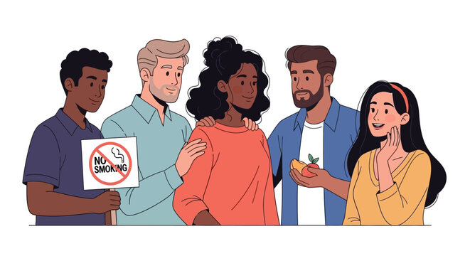 Diverse characters gathered for World No Tobacco Day are depicted in a flat vector illustration promoting an anti-smoking campaign with global reach, set against a clean white background