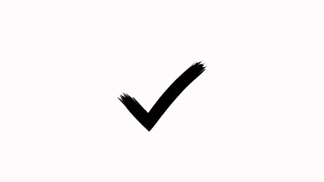 Hand drawn brush stroke black tick mark or check mark reveal animation on white background. Symbol of approval, success and confirmation. Ideal for presentations, business and motion graphics projects