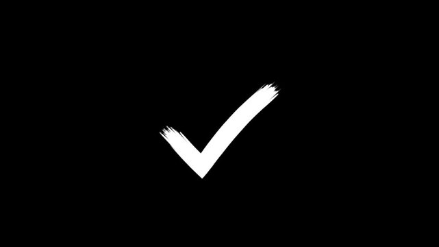 Hand drawn brush stroke white tick mark or check mark reveal animation on black background. Symbol of approval, success and confirmation. Ideal for presentations, business and motion graphics projects