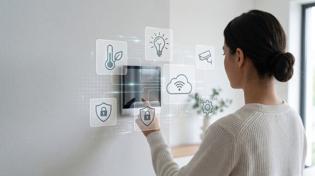 Woman using smart home control panel with holographic icons, temperature regulation, lighting automation, security camera surveillance, cloud connectivity and settings management