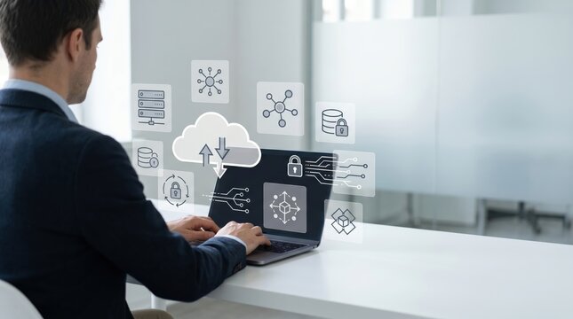 Man using laptop with cloud computing and cyber security icons representing data storage encryption and network protection technology.