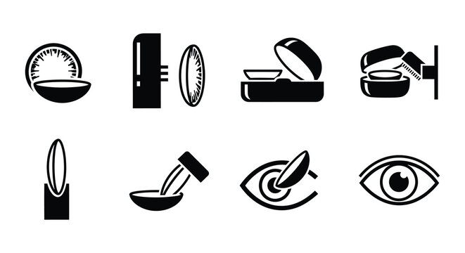 Contact lens care icons set black silhouettes on white background
