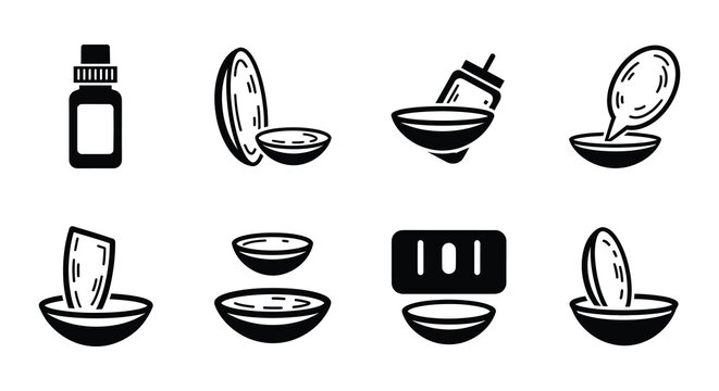 Contact lens care icons set black silhouettes on white background