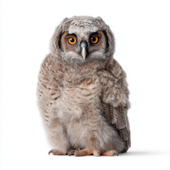 Obraz premium Fluffy owl chick sitting isolated on white