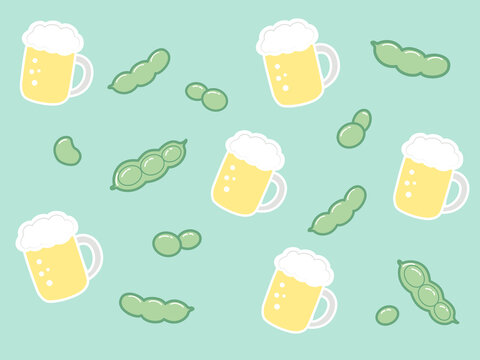 ビールと枝豆のポップでかわいい手描き風パターン（ミントグリーン）：パステルカラーの爽やかな配色で夏らしい軽やかな印象に。フラットでクリーンな仕上がりは手帳カバーやミニタオル、マグカップ、和雑貨にも最適。飲み会や居酒屋、夏イベントのデザイン素材としても使いやすい。