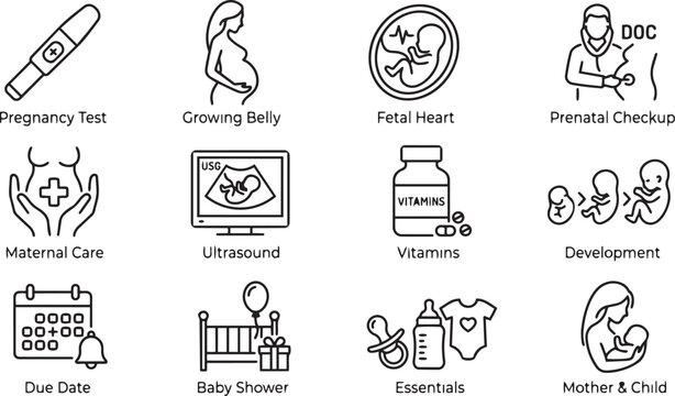 Pregnancy and maternity icons set with baby shower due date pregnancy