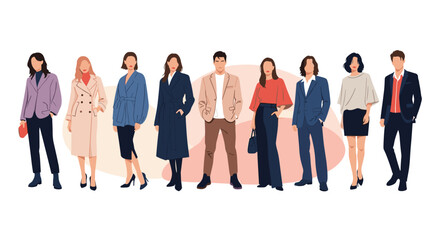 Obraz premium Group of fashionable men and women dressed in contemporary stylish outfits reflecting modern trends in professional and casual apparel.