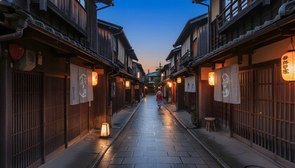 Fototapeta premium Woman in traditional kimono walking through a narrow alley in Kyoto at twilight with glowing lanterns for a Japanese cultural heritage and authentic travel experience concept