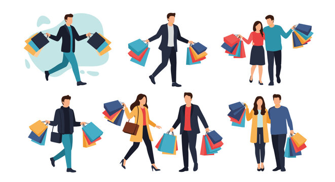 Group of diverse people carrying multiple colorful shopping bags reflecting consumerism and retail therapy in various casual and formal outfits.