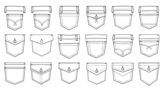 Collection of denim pocket shapes and stitching patterns found on jeans and trousers for fashion design and manufacturing references.