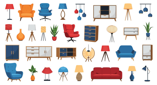 Comprehensive collection of home furnishings including sofas, armchairs, cabinets, lamps, vases, and plants for interior design visualization.