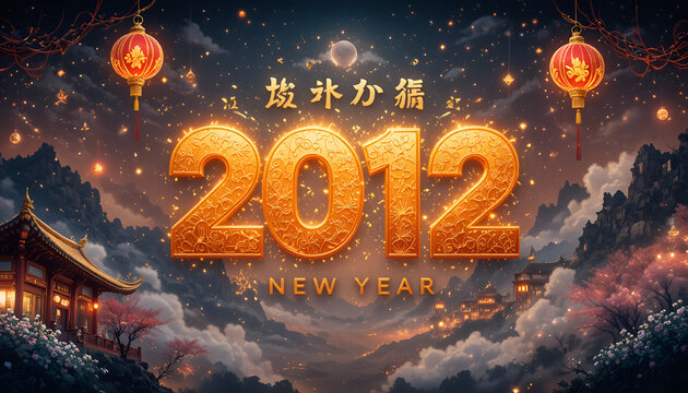 Vibrant 2012 new year celebration with traditional chinese lanterns and temple at dusk