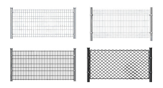 Collection of four different types of metal fences including chain link and vertical grid designs for property security and perimeter marking.