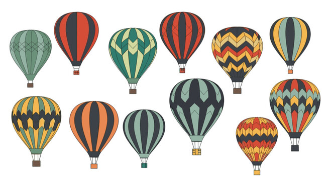 Large collection of colorful hot air balloons with various intricate patterns like stripes chevrons and stars floating against white space.