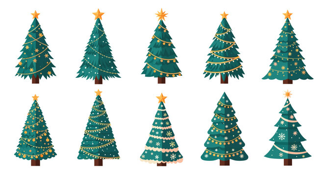 Selection of ten different Christmas trees decorated with various ornaments lights and stars in a festive holiday style for winter celebration.