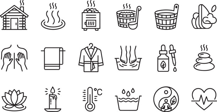 Comprehensive sauna and spa icon set with log cabin foot bath essential oil