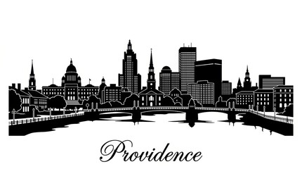 Obraz premium Silhouette skyline of Providence with riverfront and historic-modern mix buildings. No people. Clean monochrome. Bottom: 