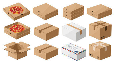 Fototapeta premium Collection of isometric cardboard packaging boxes including pizza boxes, shipping containers, and stacked boxes for delivery and logistics.