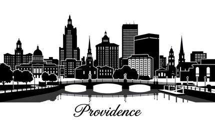 Silhouette skyline of Providence with riverfront and historic-modern mix buildings. No people. Clean monochrome. Bottom: 