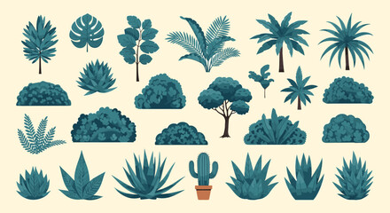 Obraz premium Diverse collection of various green plants, bushes, palm trees, and a cactus in a flat illustration style on a plain light background.