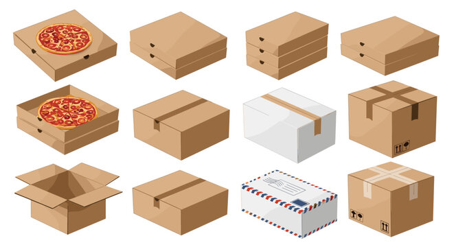 Collection of isometric cardboard packaging boxes including pizza boxes, shipping containers, and stacked boxes for delivery and logistics.