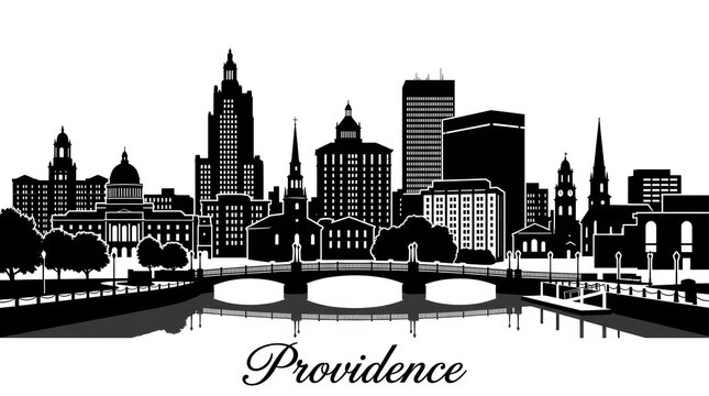 Silhouette skyline of Providence with riverfront and historic-modern mix buildings. No people. Clean monochrome. Bottom: "Providence" script.