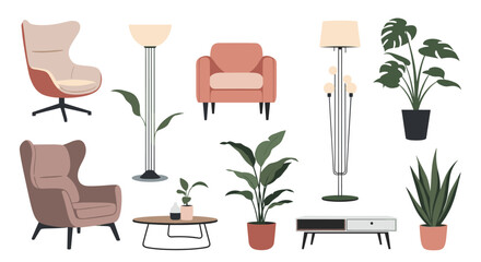 Fototapeta premium Flat vector illustrations of modern home furniture and indoor plants including armchairs, floor lamps, tables, and various potted foliage.